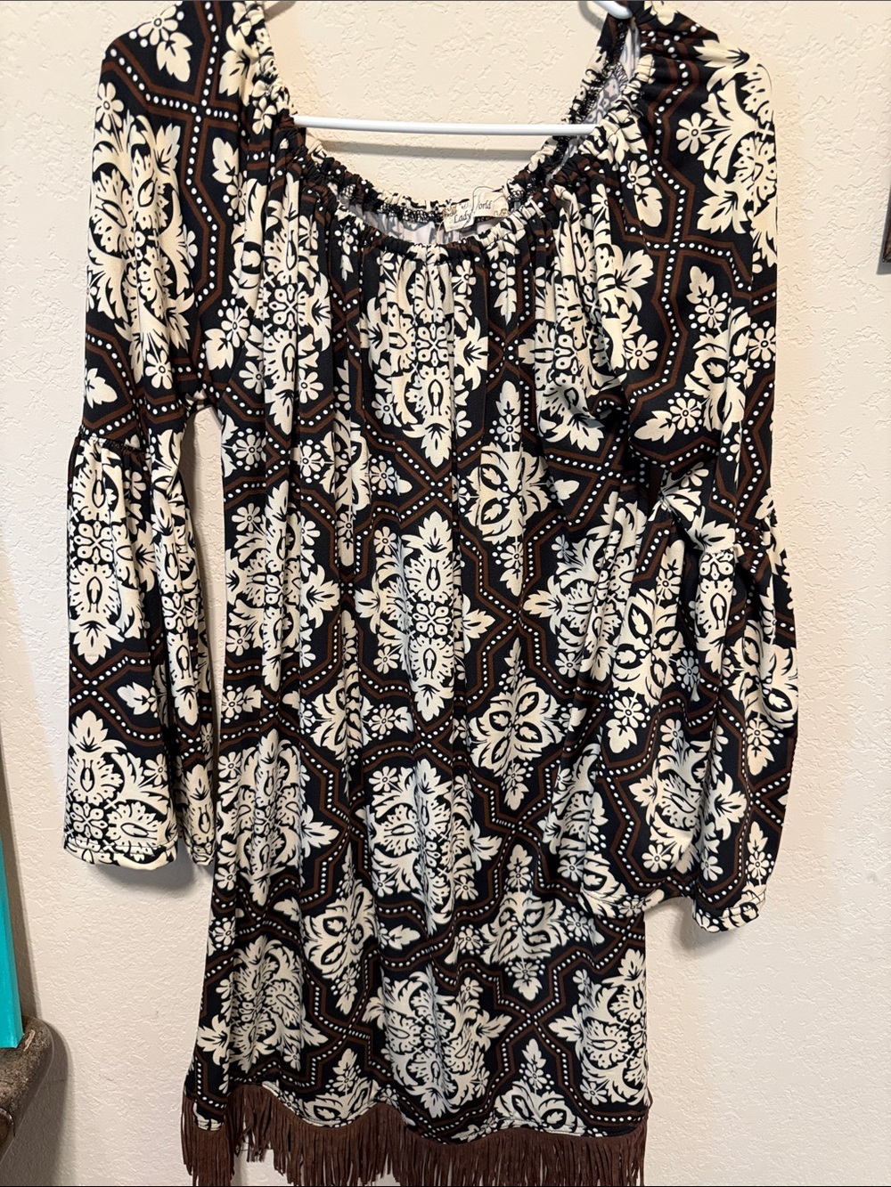 Boho Black & Cream Long-Sleeve Fringe Dress